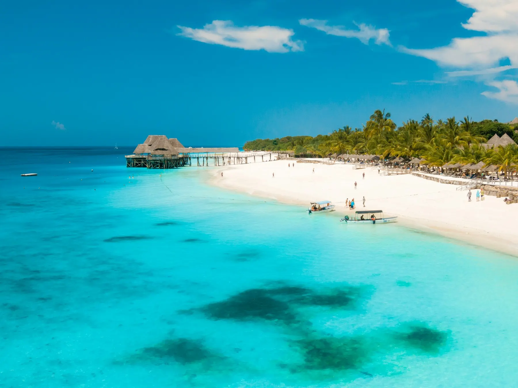 Turquoise sea and a white sand coastline in Zanzibar
