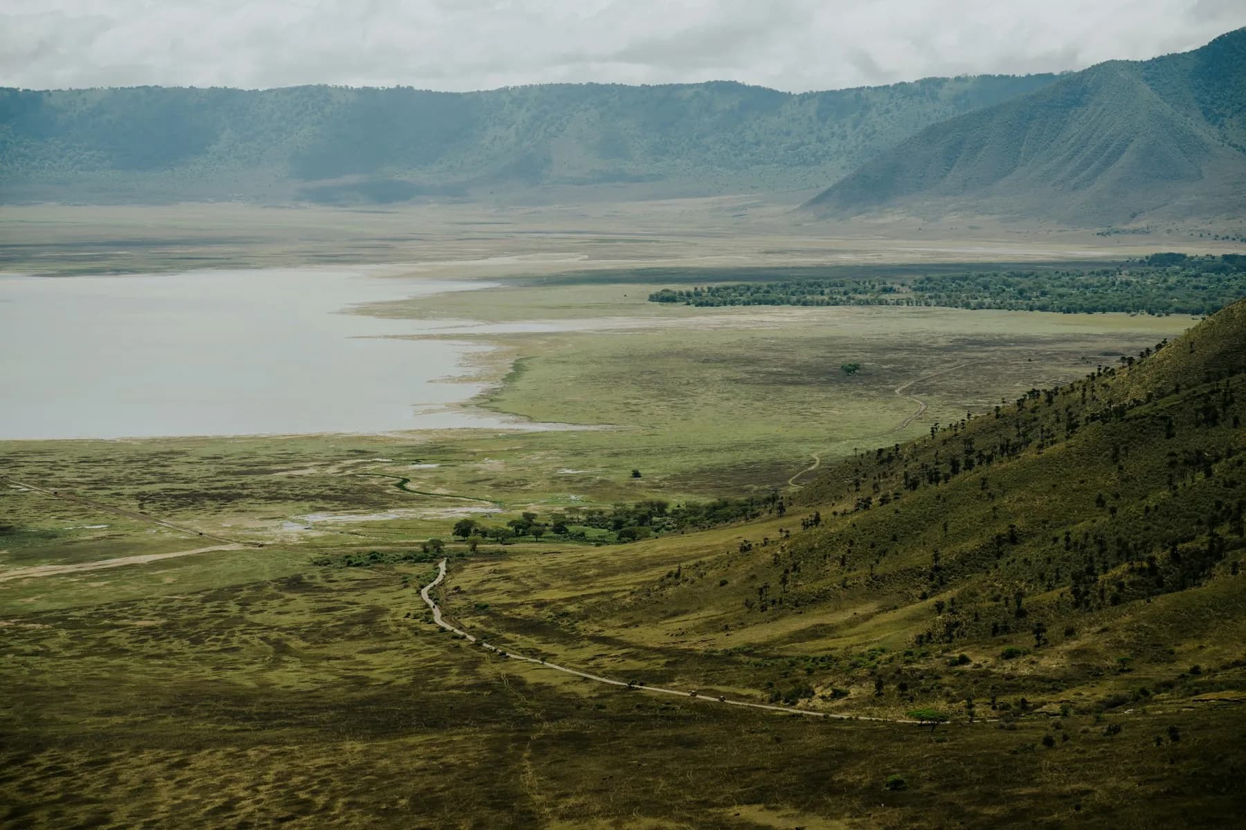 A broad volcanic caldera with a lake and grassland